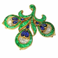 Broche Fleur de Lys Antique Français, Essence Verte Intense (émeraudes, saphirs, diamants)