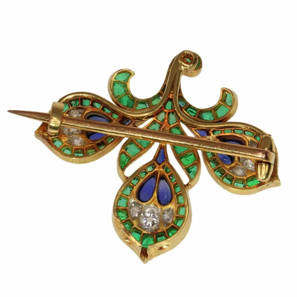 Broche Fleur de Lys Antique Français, Essence Verte Intense (émeraudes, saphirs, diamants)