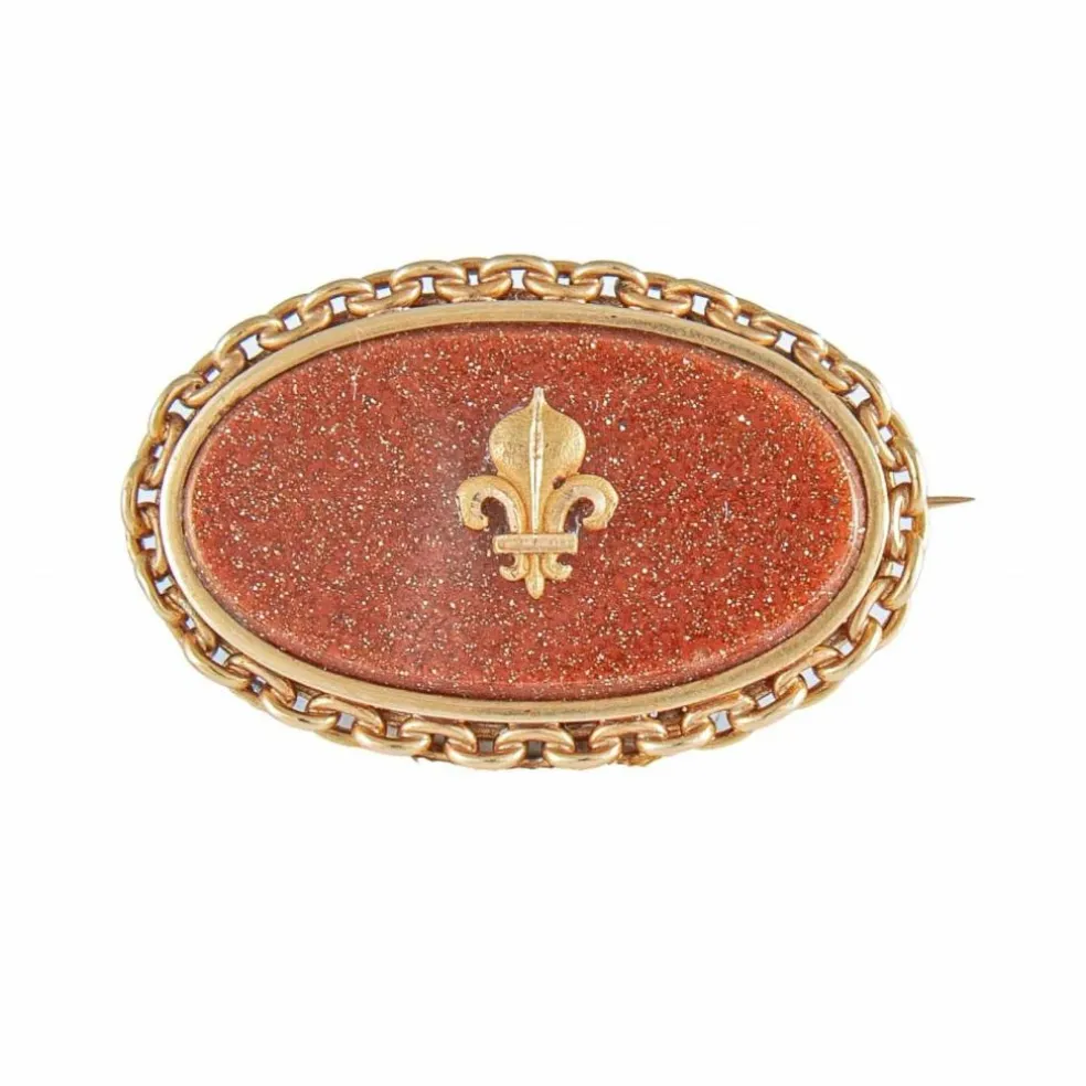 Broche Fleur de Lys, Or Jaune & Verre Aventuriné
