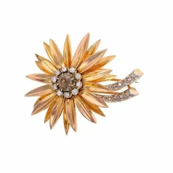Broche fleur diamants 0.80 carat 2 ors