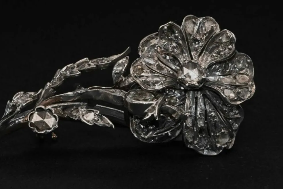 Broche Fleur En Or Blanc Ornée De Diamants