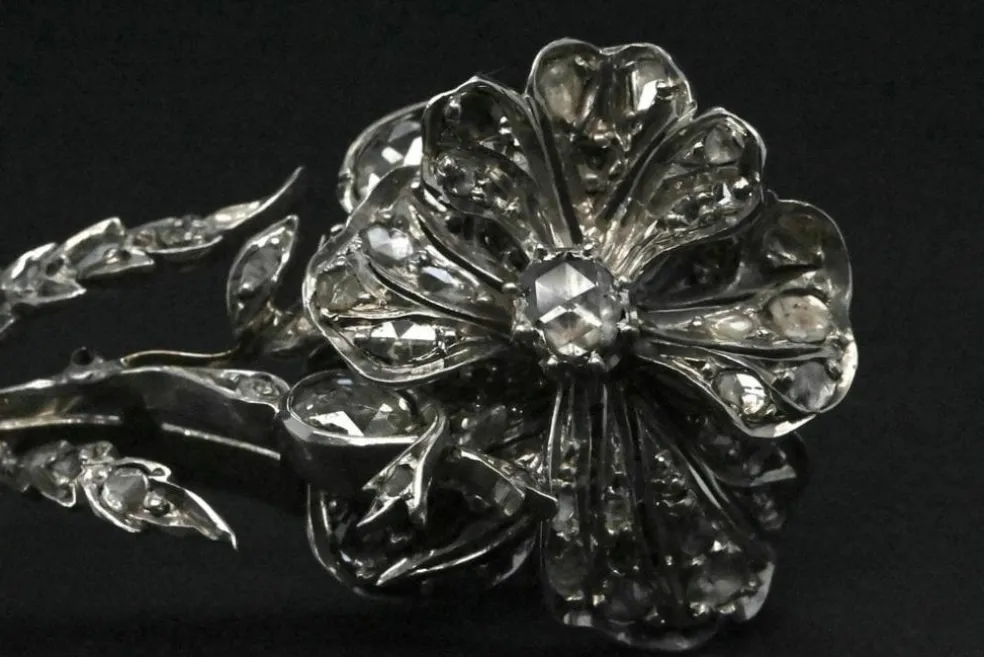 Broche Fleur En Or Blanc Ornée De Diamants