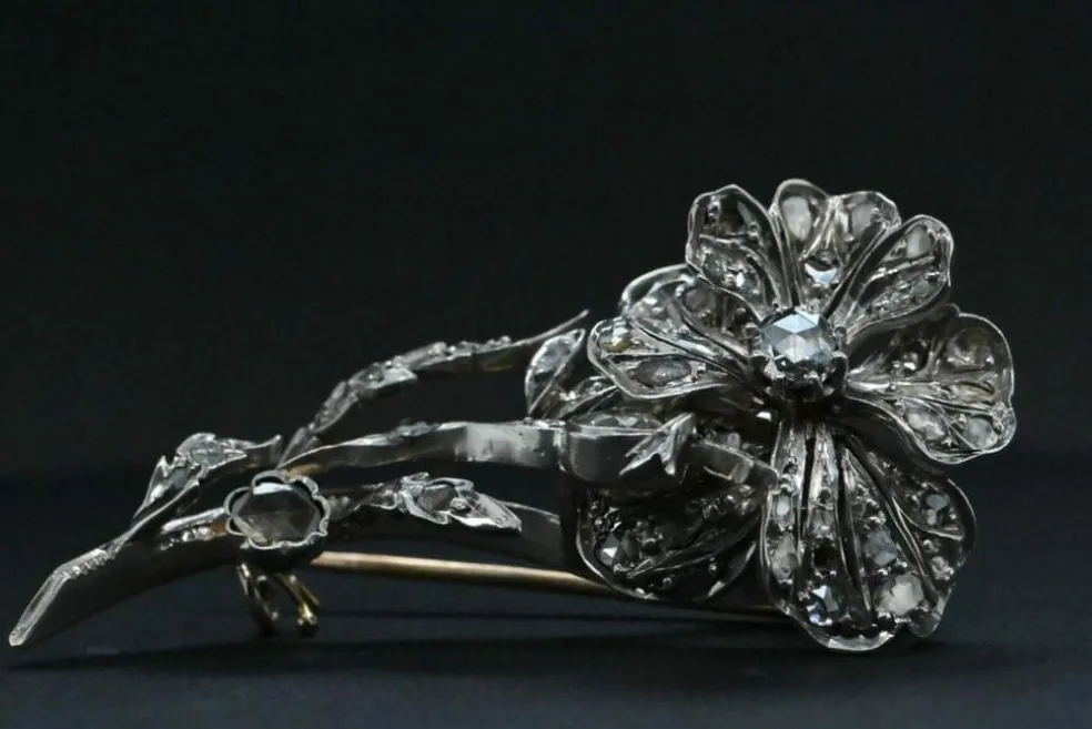 Broche Fleur En Or Blanc Ornée De Diamants
