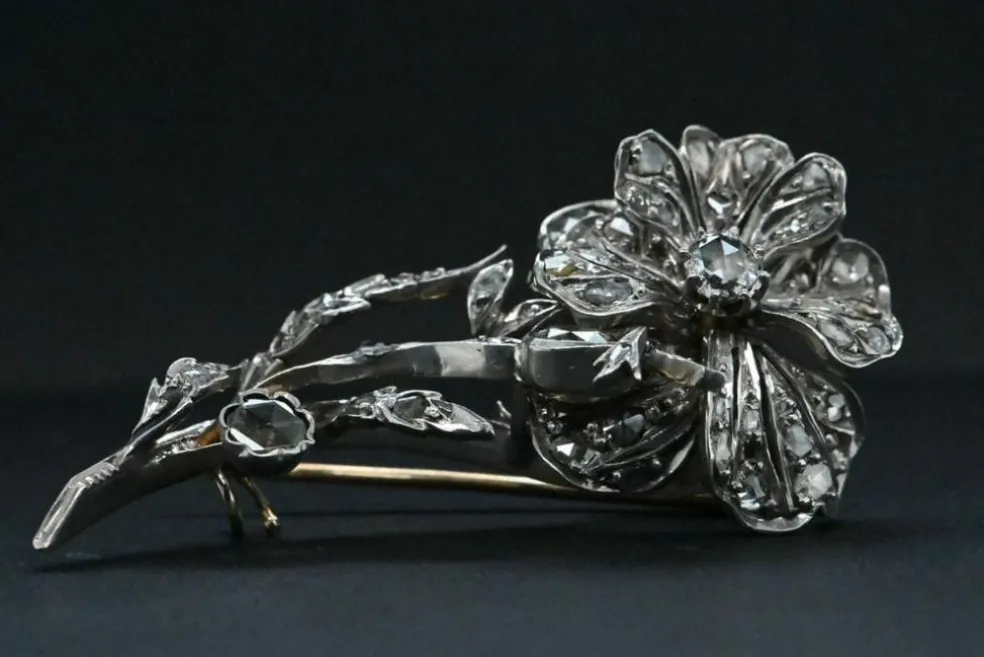 Broche Fleur En Or Blanc Ornée De Diamants