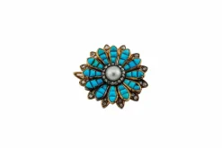 Broche fleur en or jaune, turquoise, perle et diamants huit huit