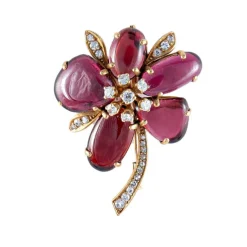 Broche Fleur Grenats & Diamants, Or Jaune