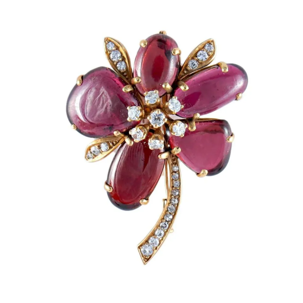 Broche Fleur Grenats & Diamants, Or Jaune