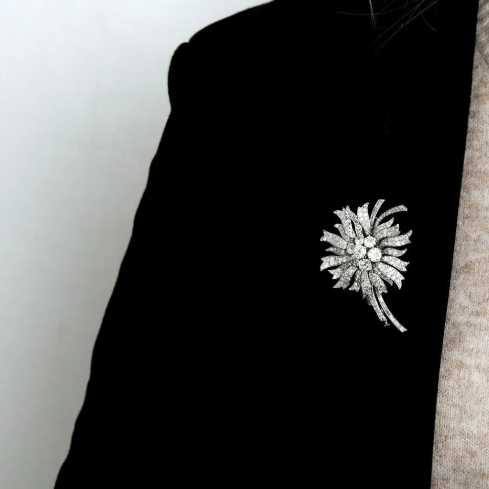 Broche fleur, or blanc et diamants