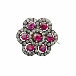 Broche Fleur Or Jaune Argent Rubis Birmans Diamants