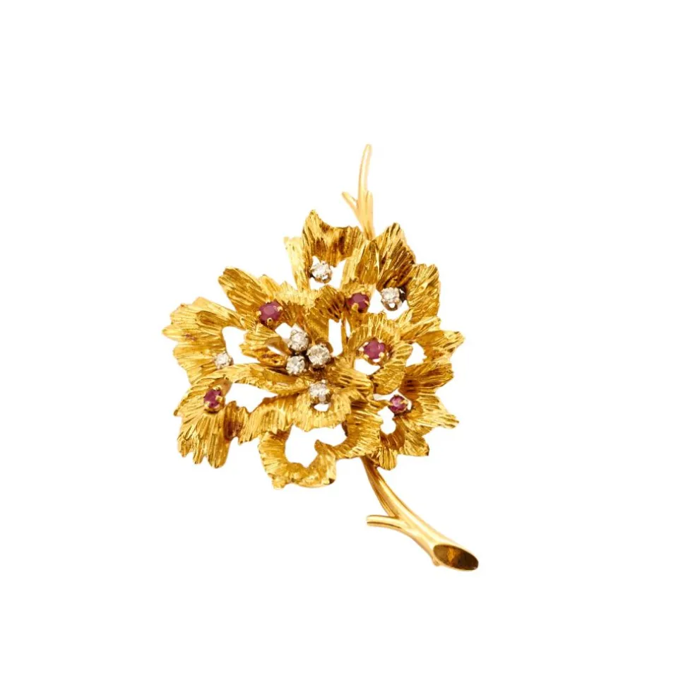 Broche "Fleur" Or Jaune Diamants et Rubis