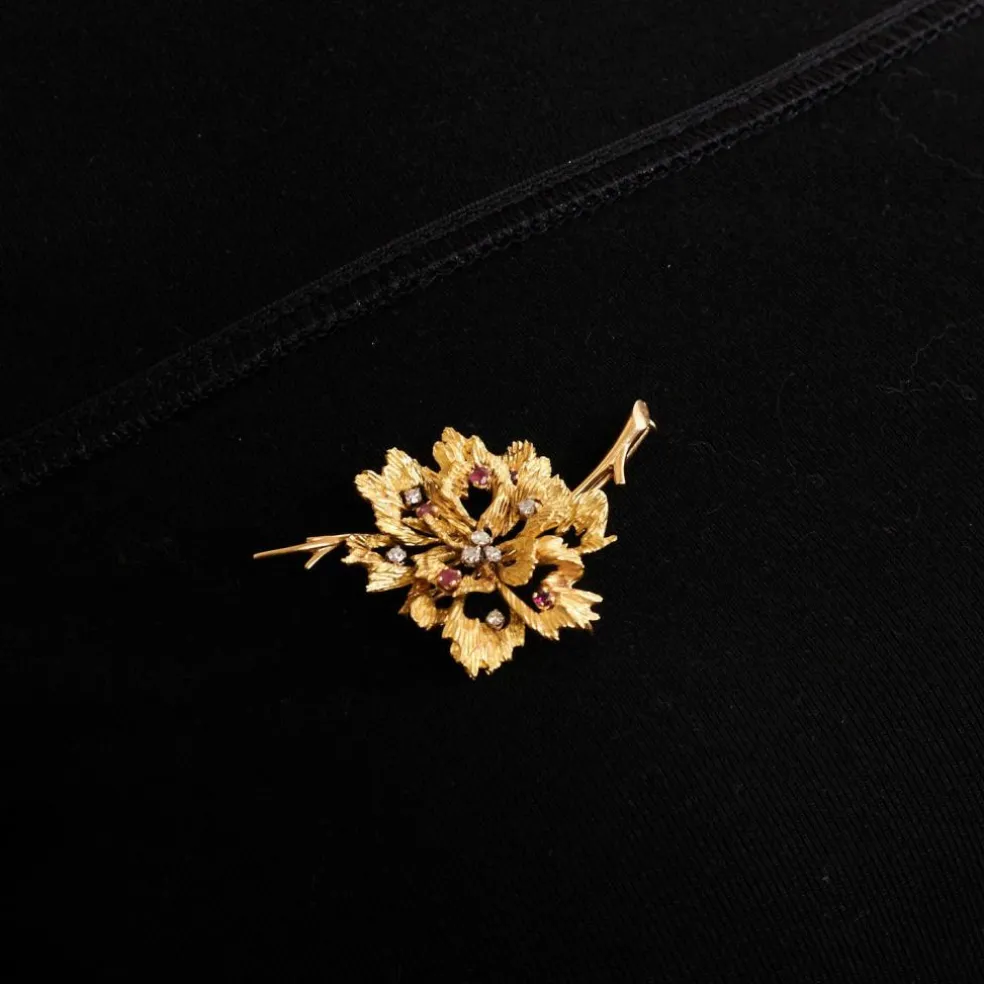 Broche "Fleur" Or Jaune Diamants et Rubis