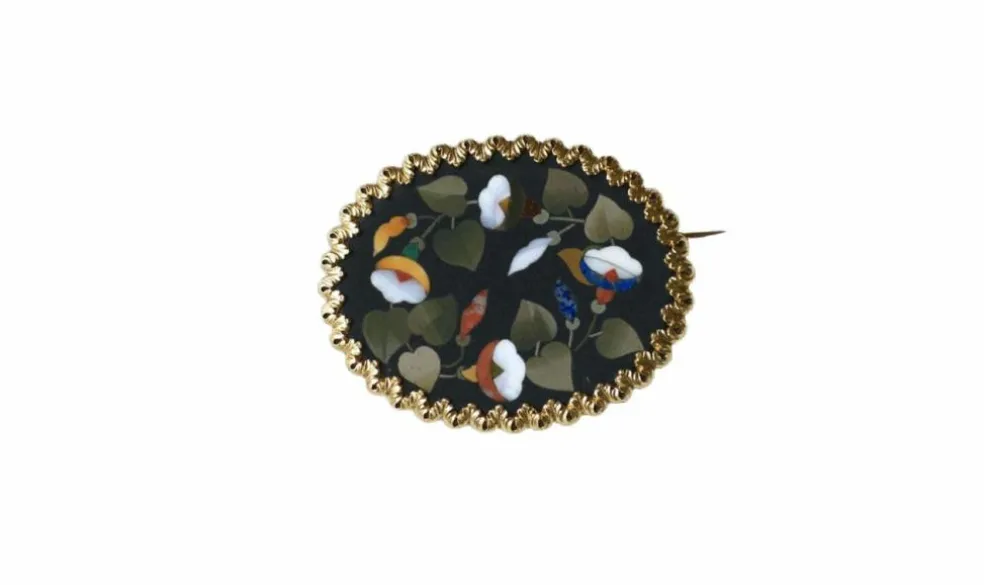 Broche Fleur Pietra Dura or jaune