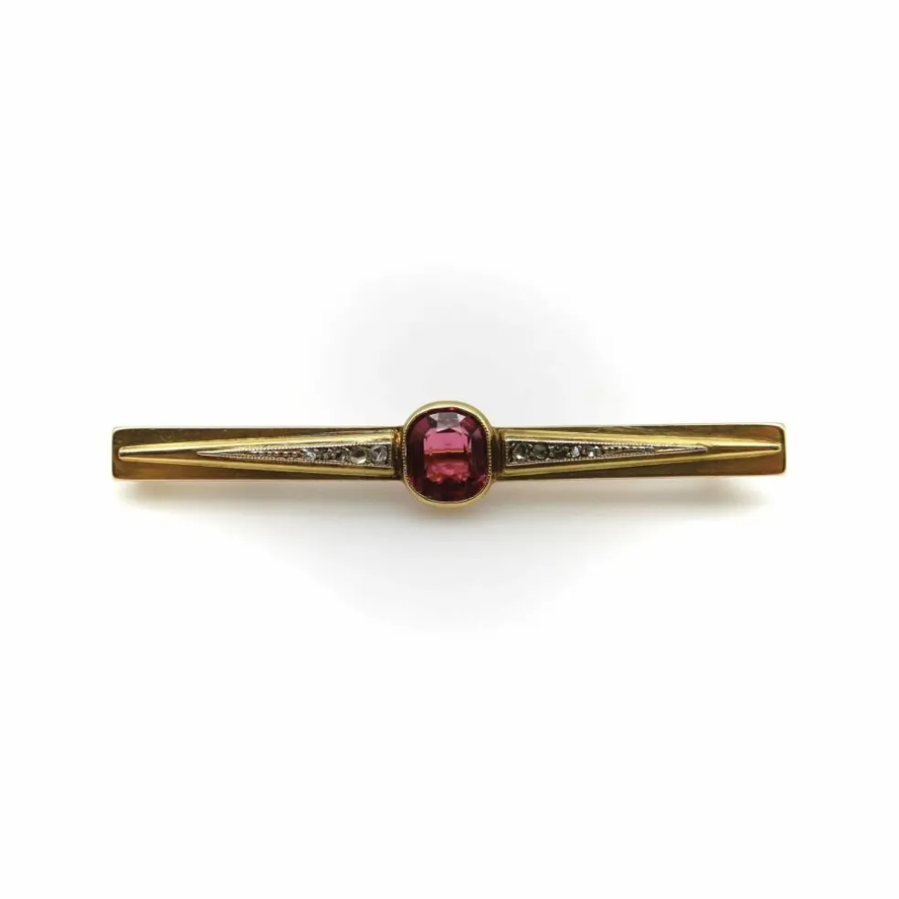 Broche française en or 18 carats avec tourmaline et diamants sertis clos