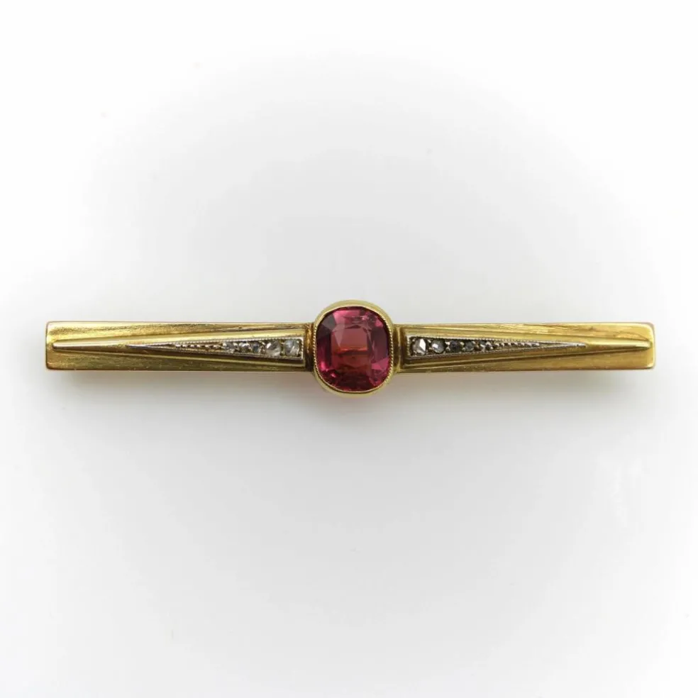 Broche française en or 18 carats avec tourmaline et diamants sertis clos