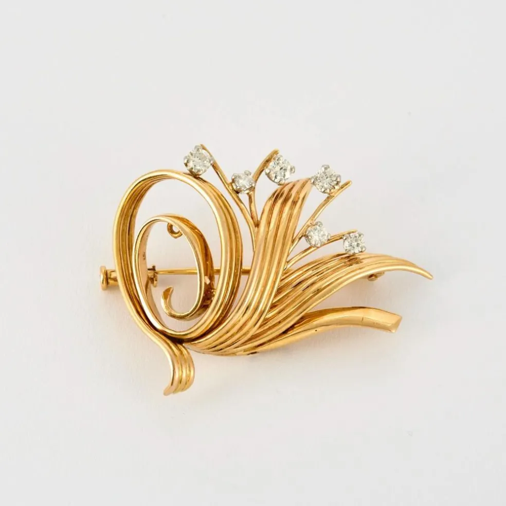 Broche gerbe en or jaune platine et diamants