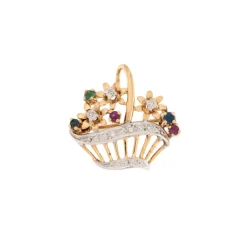 Broche giardinetto en or blanc, or jaune, diamant, rubis, saphir et émeraude