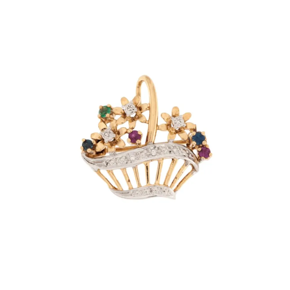 Broche giardinetto en or blanc, or jaune, diamant, rubis, saphir et émeraude