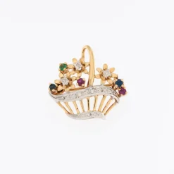 Broche giardinetto en or blanc, or jaune, diamant, rubis, saphir et émeraude