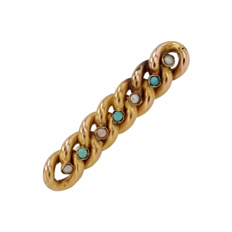 Broche gourmette perles fines et verres turquoise