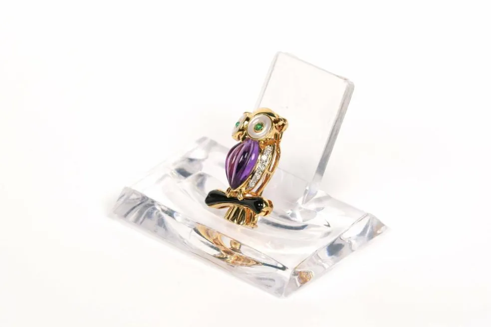 Broche Hibou Années 70 or jaune, pierres multiples, diamants