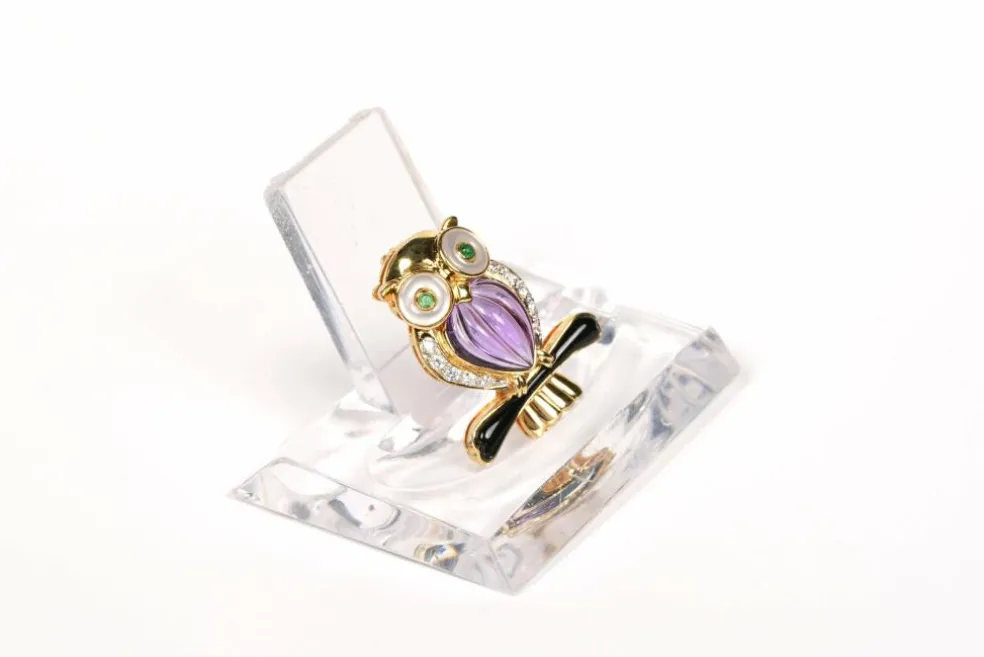 Broche Hibou Années 70 or jaune, pierres multiples, diamants