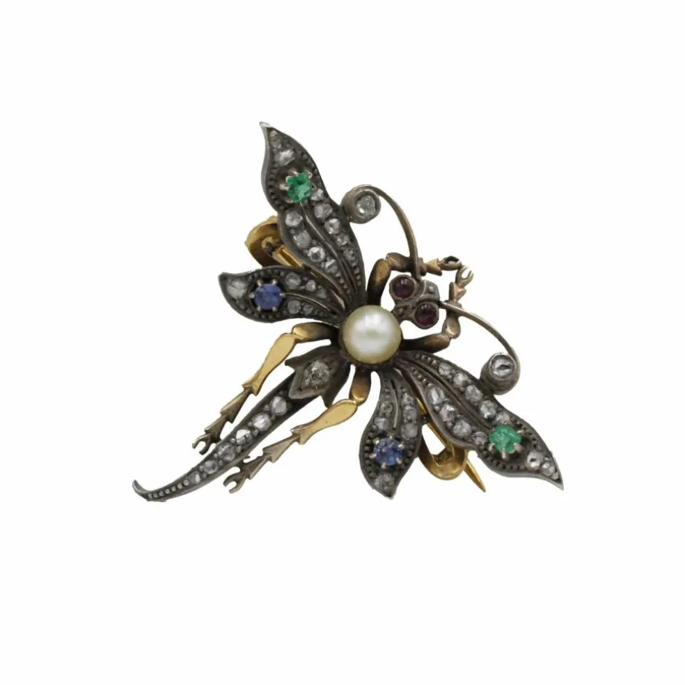 Broche libellule XIXe or jaune argent