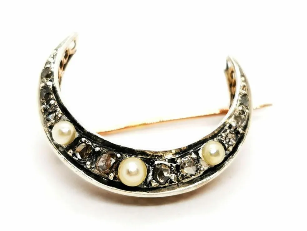 Broche Lune Or jaune Perle