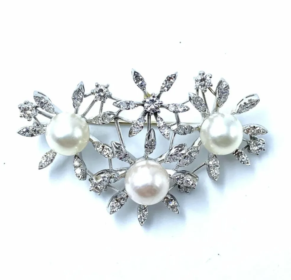 Broche "Marguerites" Diamants Perles