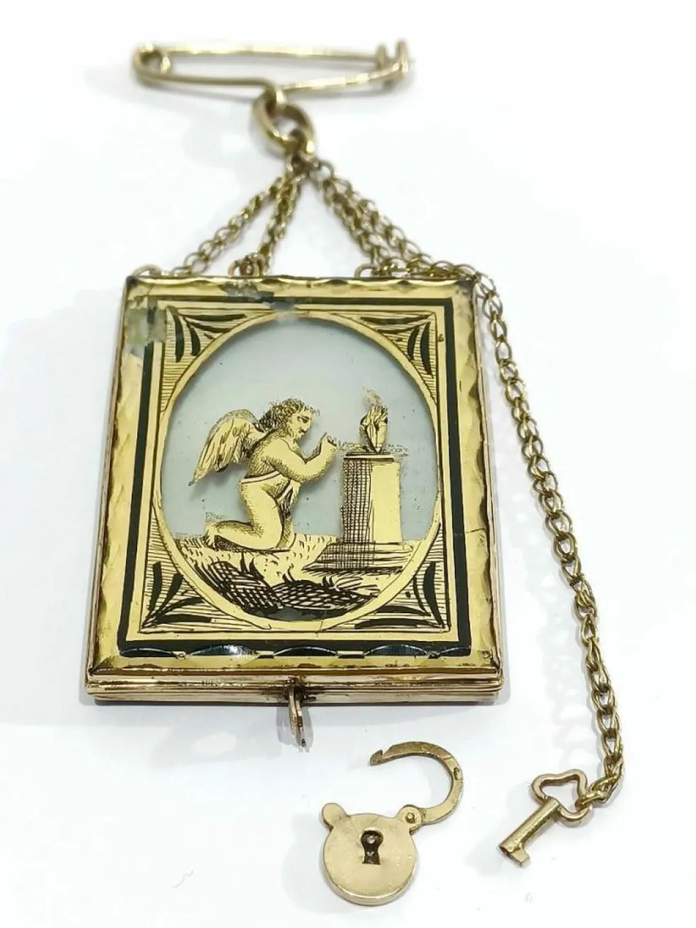 Broche Médaillon Or Rose Verre églomisé