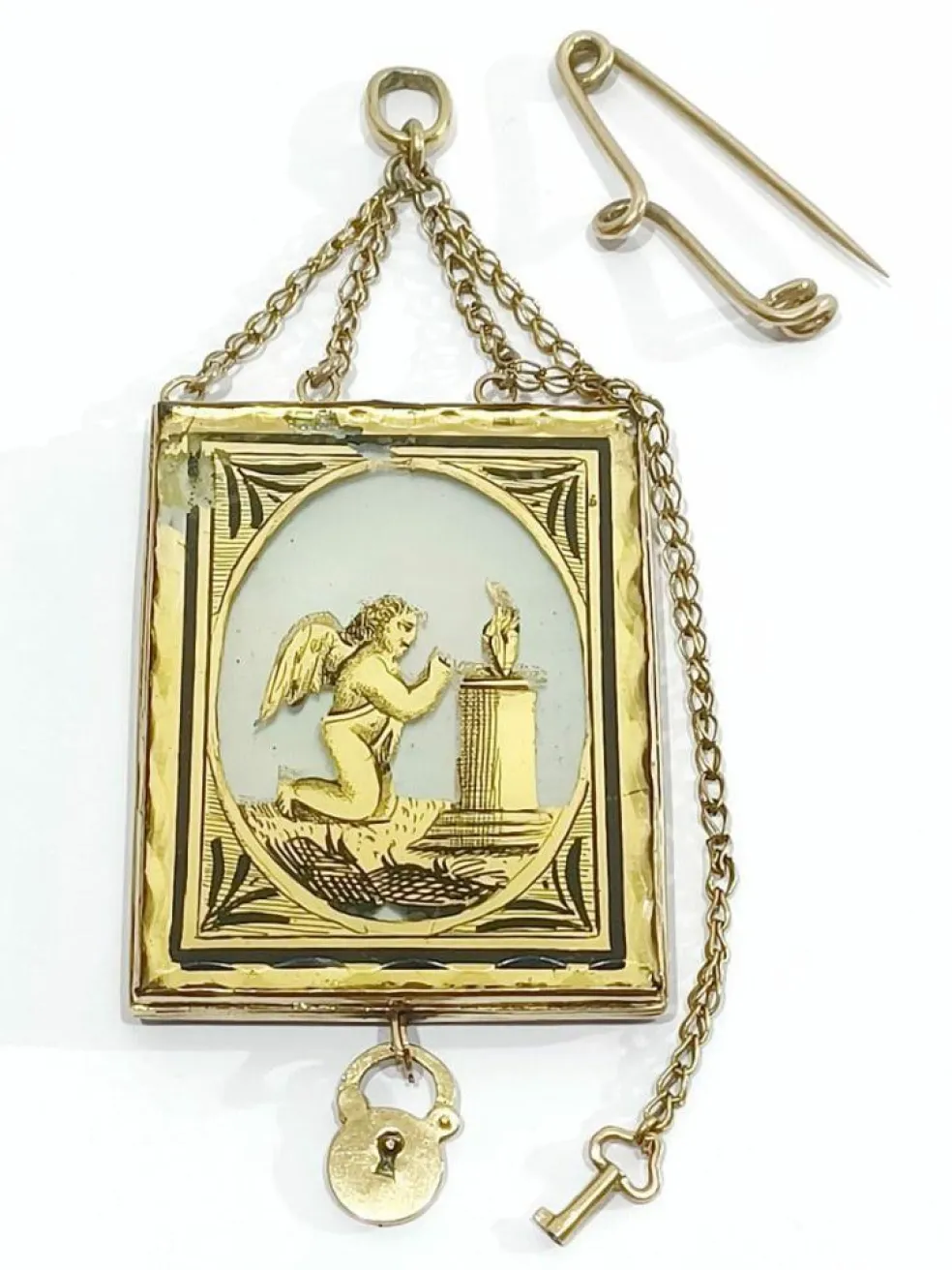 Broche Médaillon Or Rose Verre églomisé