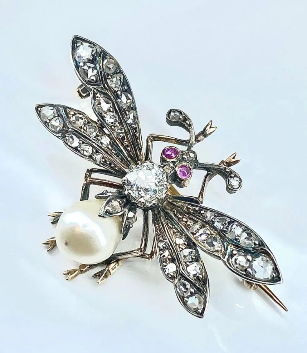 Broche Mouche Perle Fine & Diamants