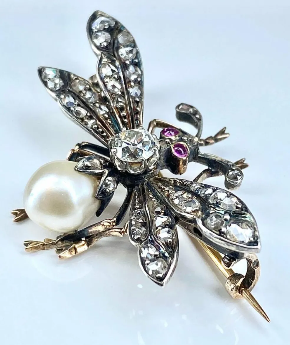 Broche Mouche Perle Fine & Diamants