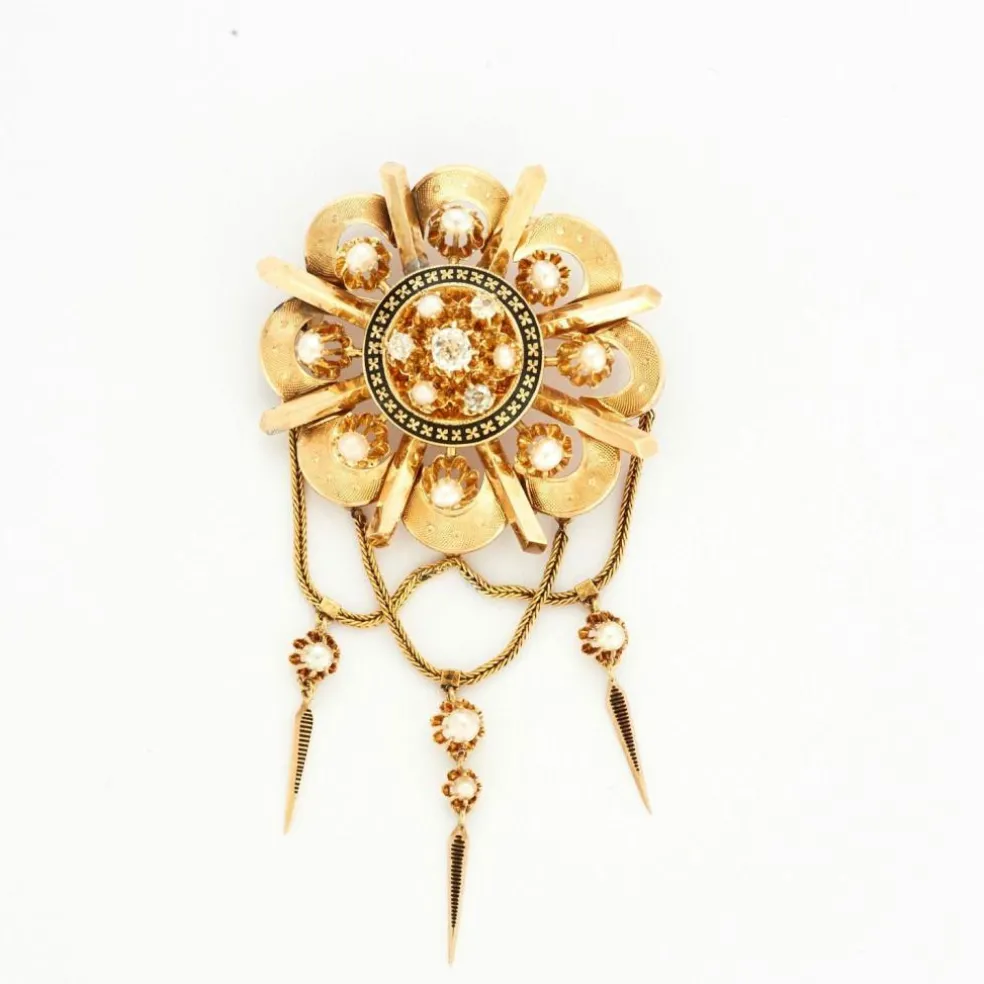 Broche Napoléon III or jaune guilloché avec diamants