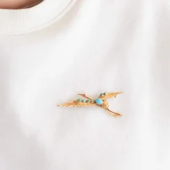 Broche Oiseau Or et Turquoise