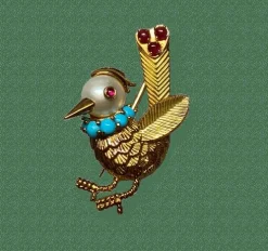 Broche oiseau or 18k perle turquoises et rubis