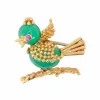 Broche oiseau vintage or jaune chrysoprase rubis