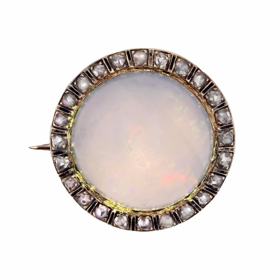 Broche opale diamants émail noir