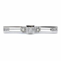 Broche or blanc platine diamants et perles