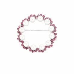 Broche or blanc sertie de perles de culture et saphirs roses