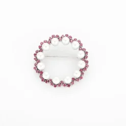 Broche or blanc sertie de perles de culture et saphirs roses