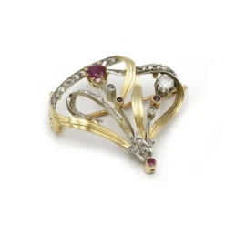 Broche or diamants rubis