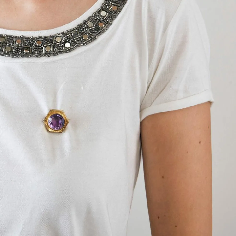 Broche or jaune améthyste 15 carats