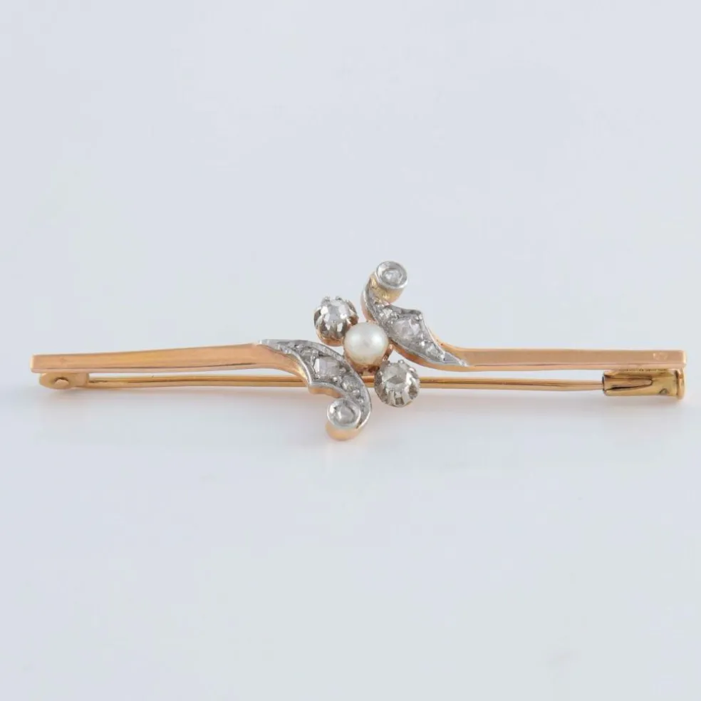 Broche or jaune diamants et perle