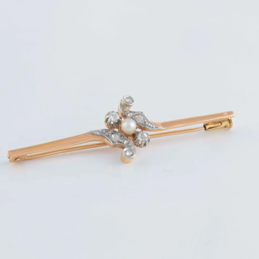 Broche or jaune diamants et perle