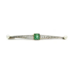 Broche or jaune et platine émeraude perles diamants