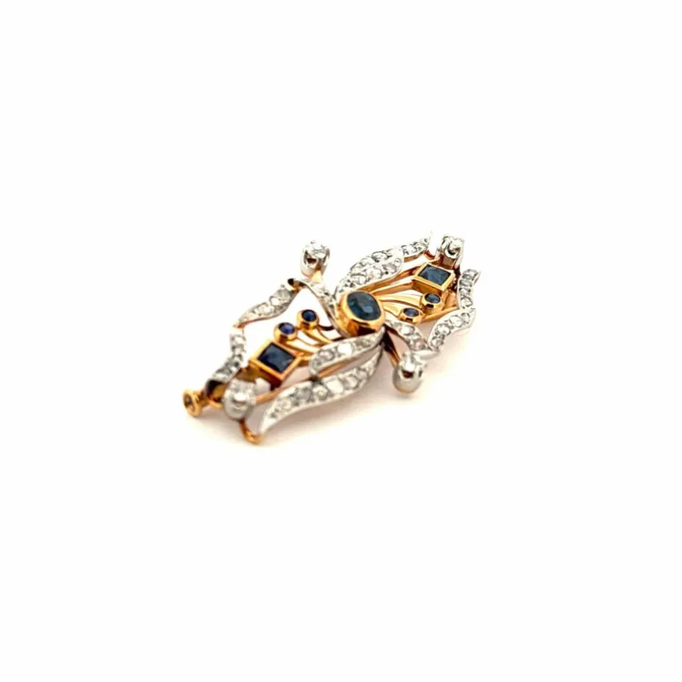 Broche Or Jaune 18k Diamants & Saphirs