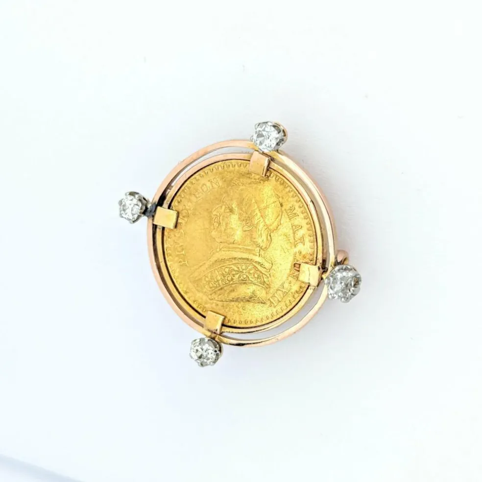 Broche or jaune Médaille Pape diamants
