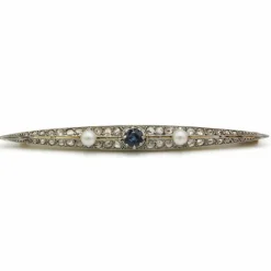 Broche or jaune platine, diamants, saphir et perles