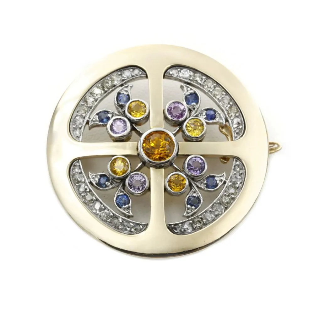 Broche or jaune, saphirs & diamants