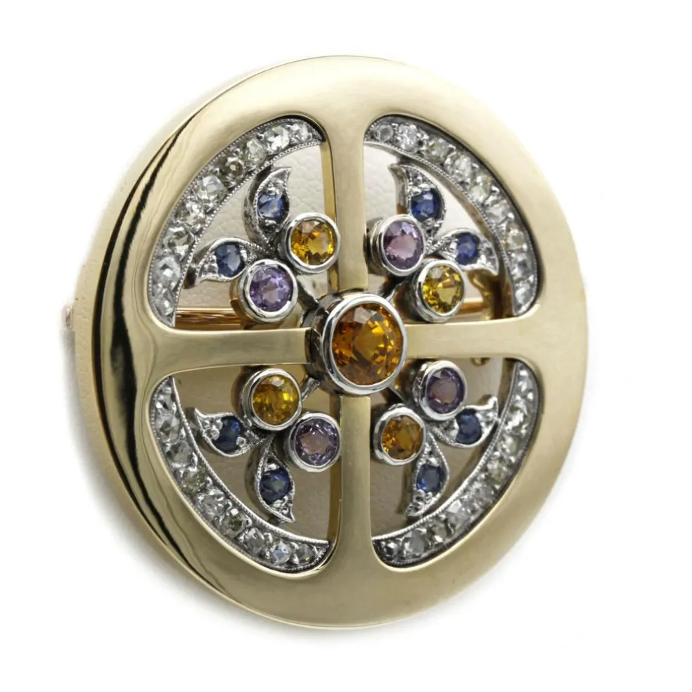 Broche or jaune, saphirs & diamants